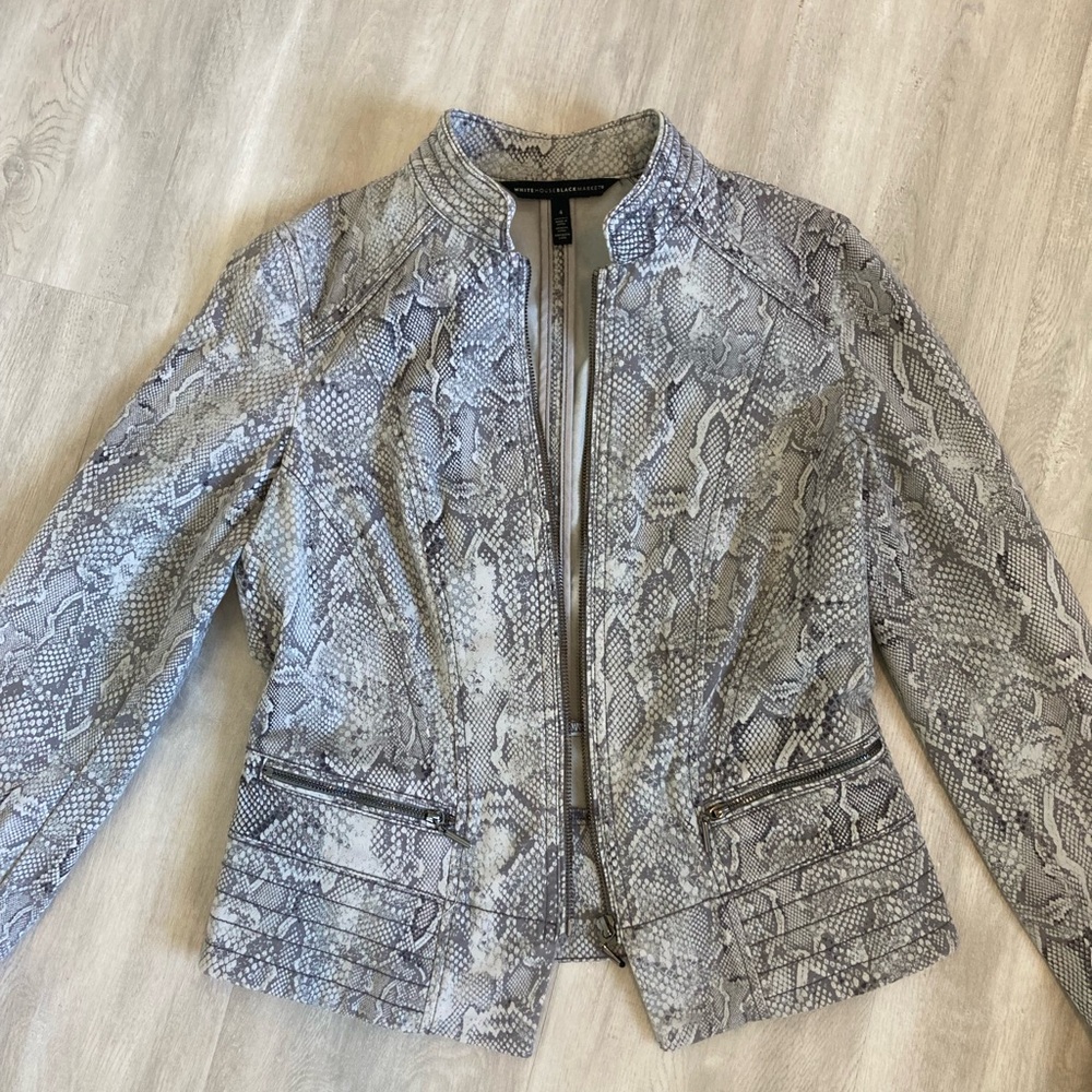 White House Black Market Gray Snakeskin Print Moto Jacket